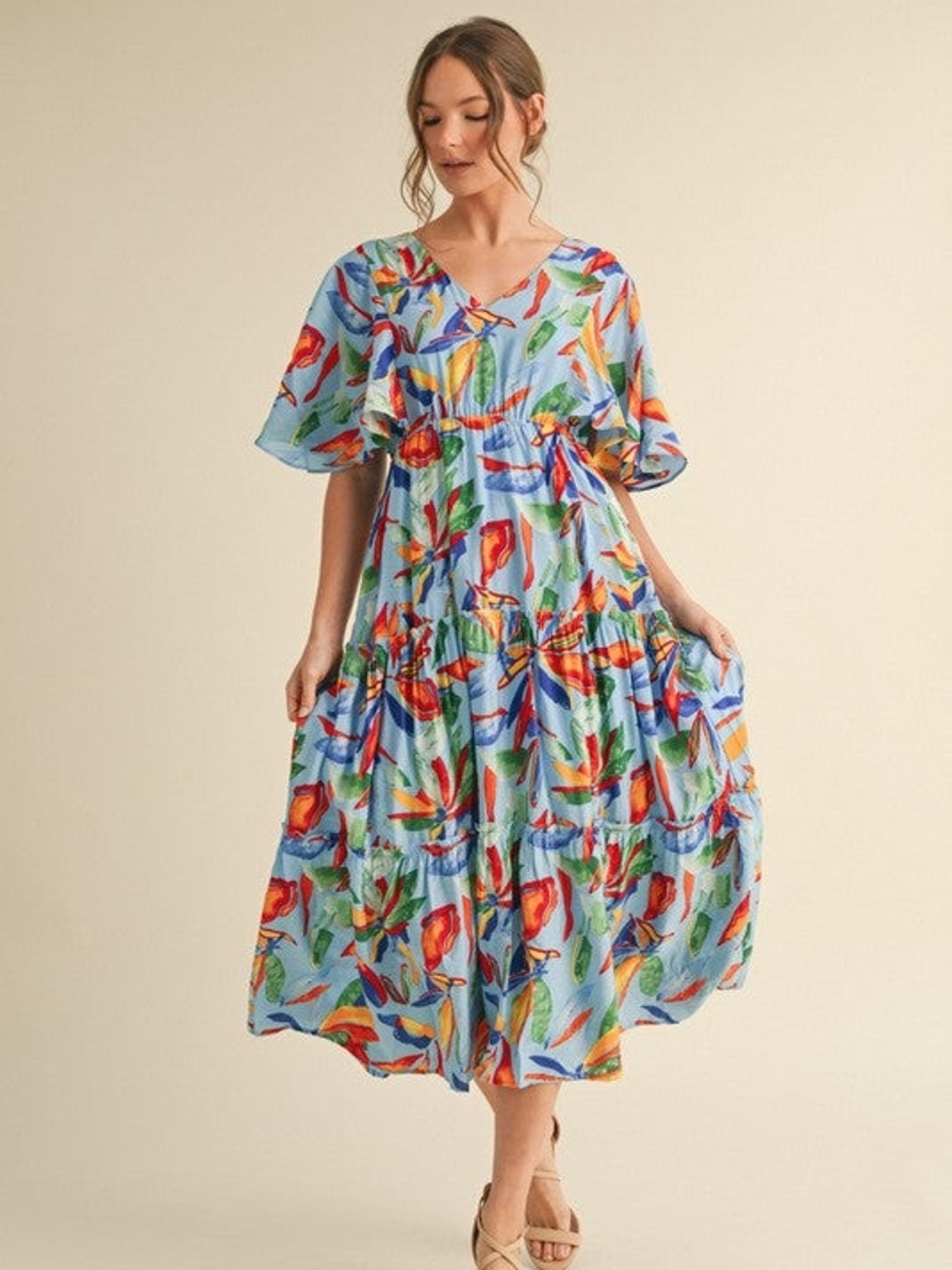 Blue Floral Tiered V-Neck Dress